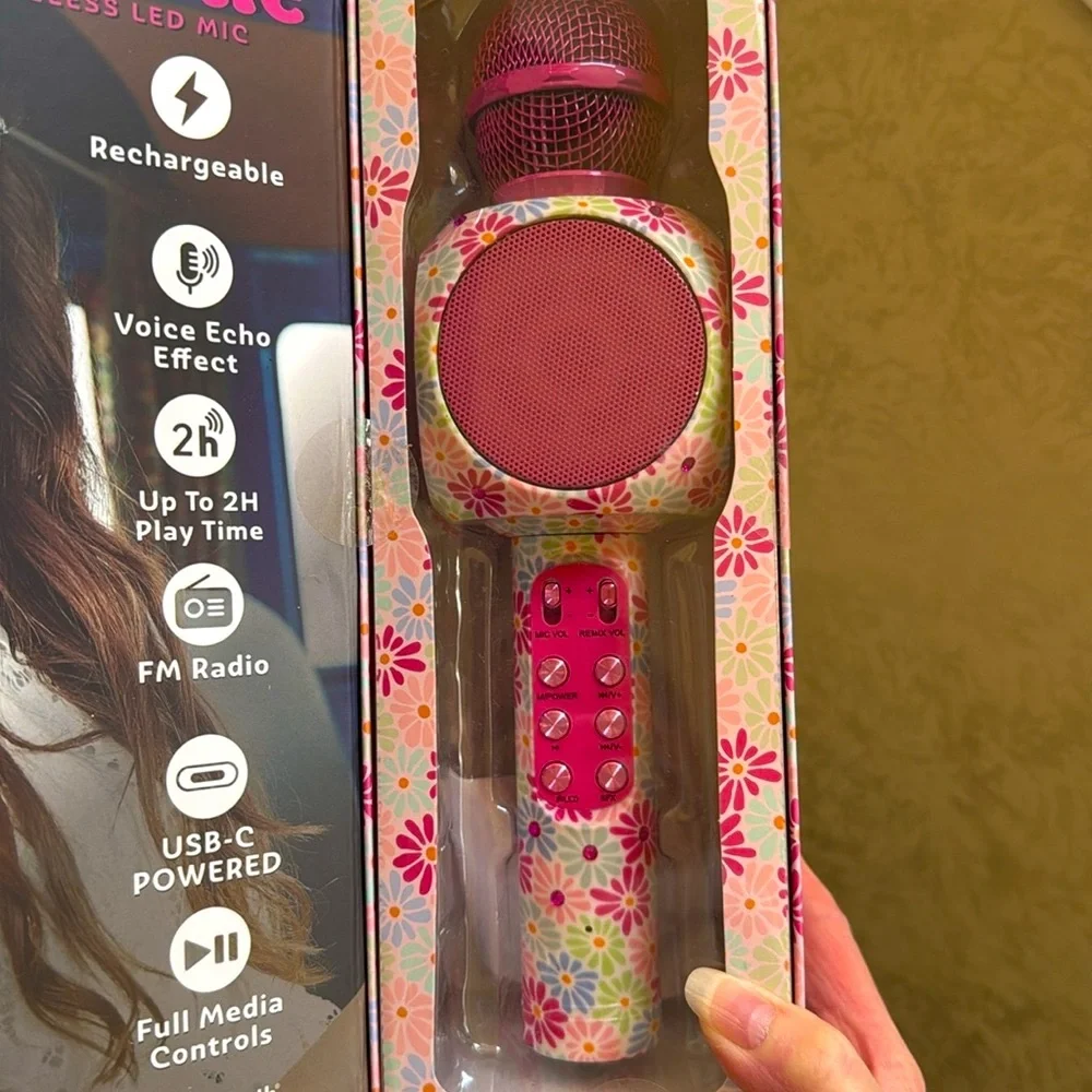 Karaoke Wireless LED Bluetooth Microphone in pink floral. Enjoy hours of fun